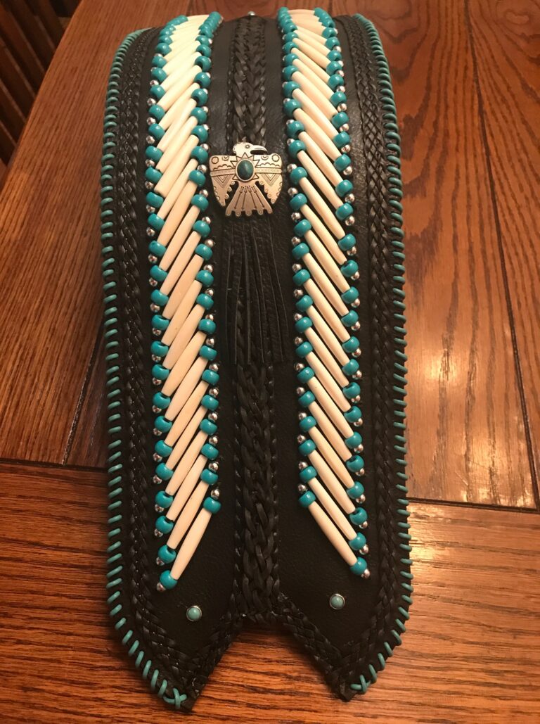 XL Black Leather Rear fender bib w/turquoise - Native American Motorcycle